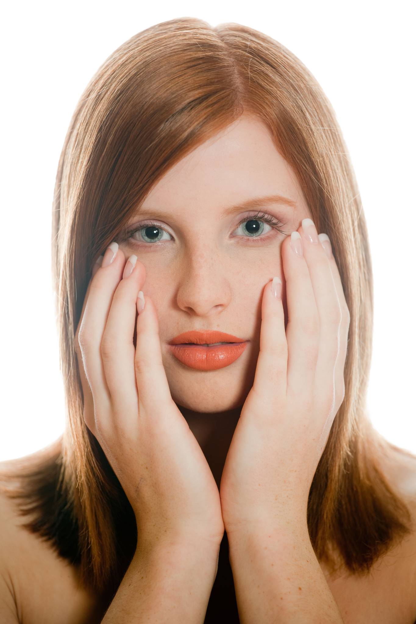 Frau, Beauty-Portrait, rote Lippen, Hände